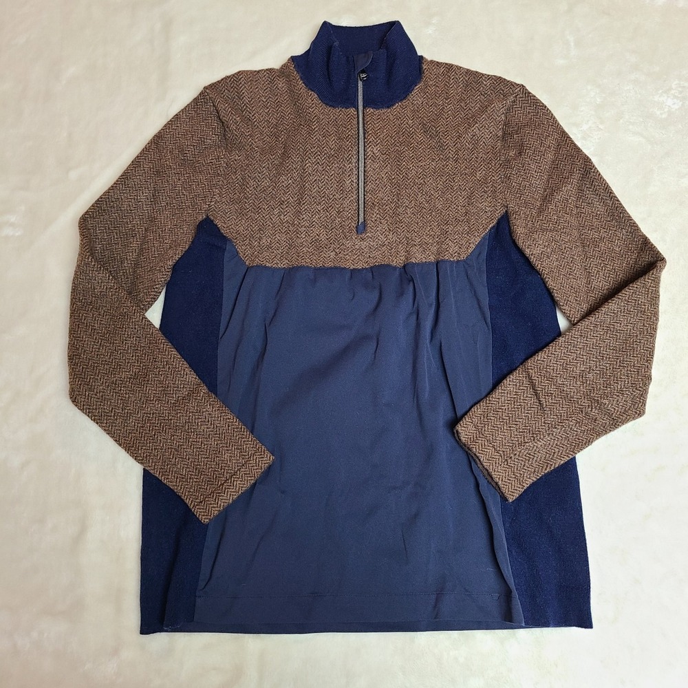 RLX Ralph Lauren Mens Size Med Brown Blue Merino Wool Hybrid 1/4 Zip Shirt